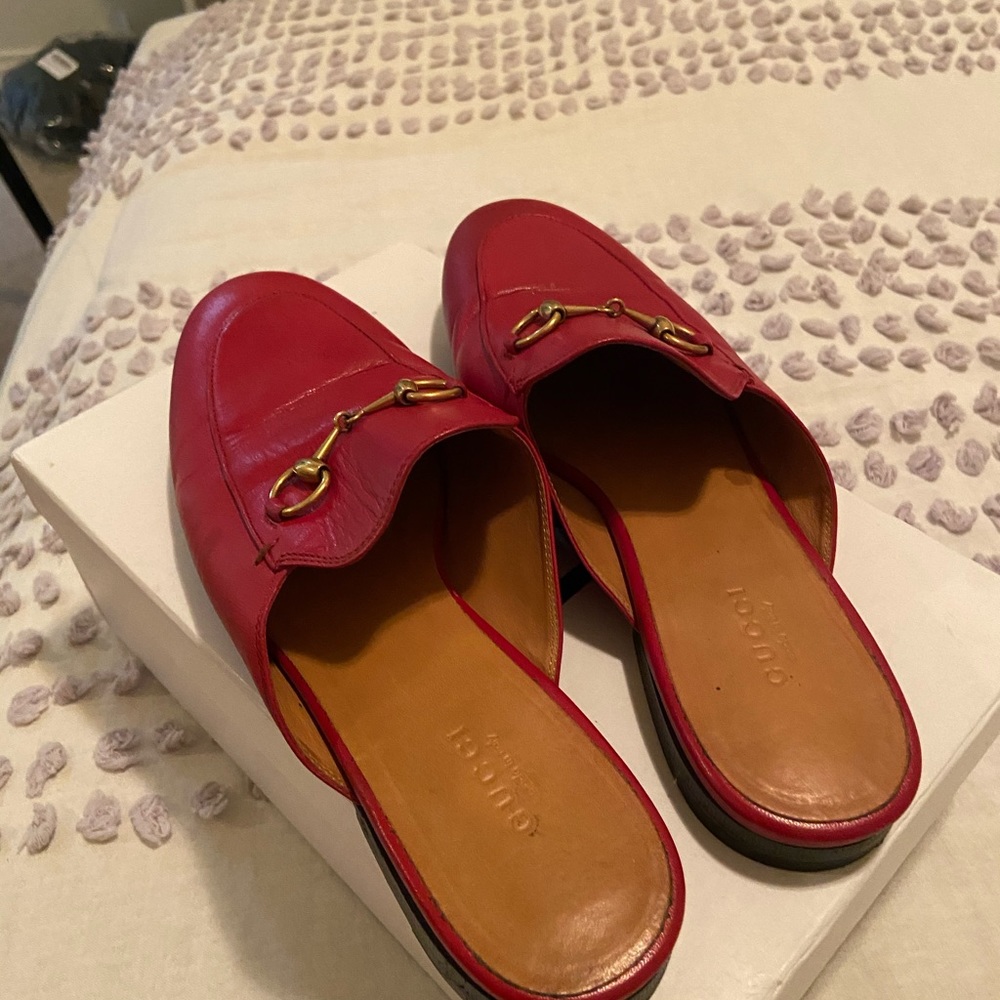 Gucci Red Leather Horsebit Slip-On Mules